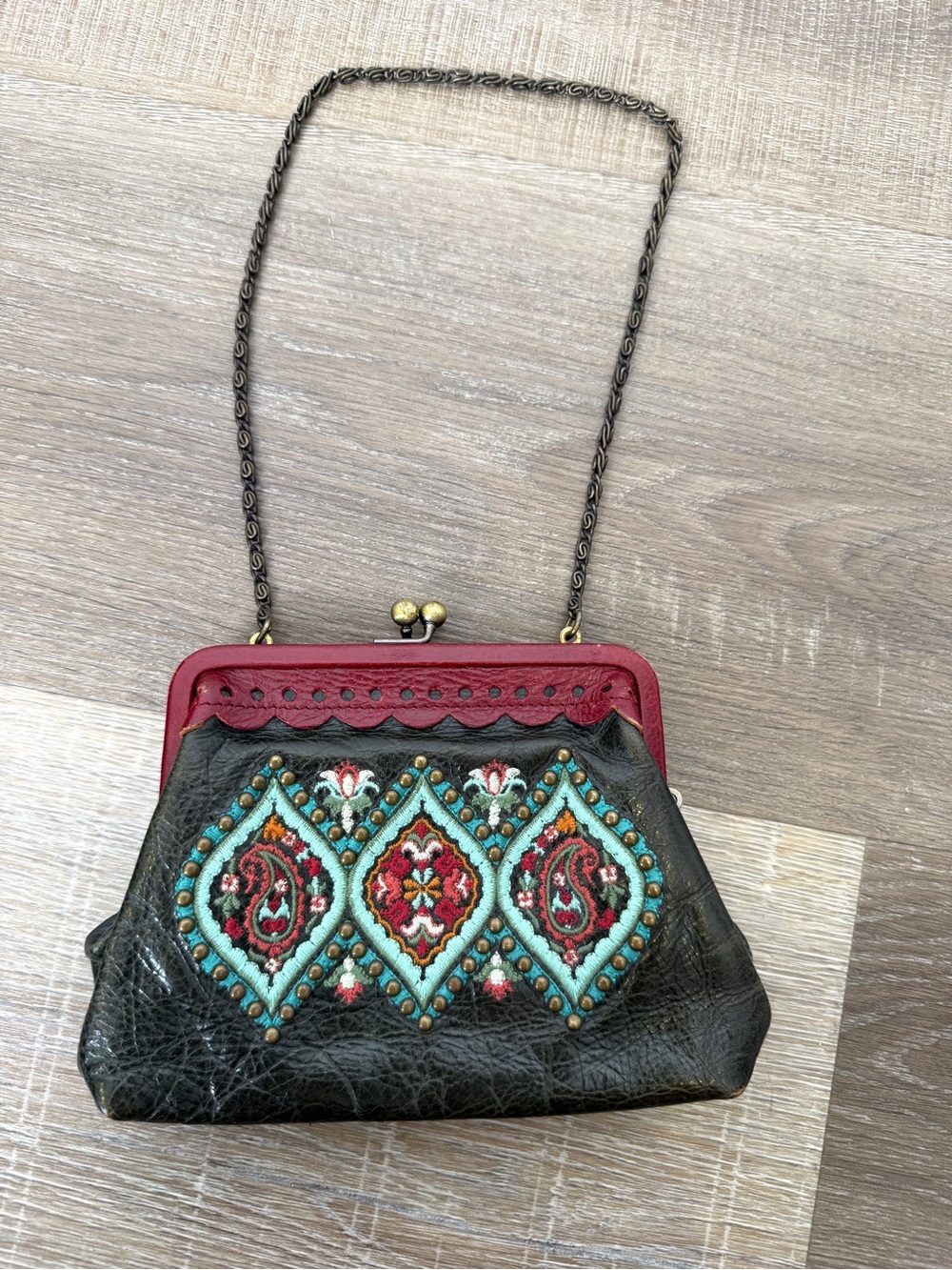 Isabella Fiore Black Leather Embroidered Studded Chain Handle Handbag